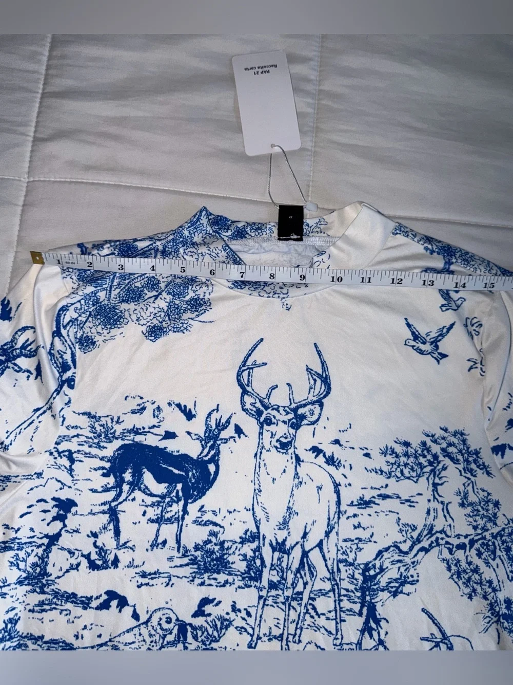Blue & White Deer Printed Pleated Skirt and Long Sleeve Top Set - XL